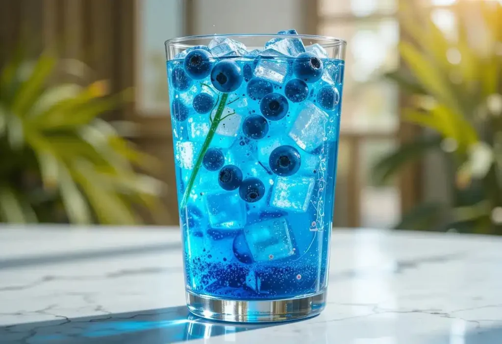 Vibrant blue iced drink with fresh blueberries and ice cubes.
