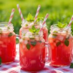 Glasses of watermelon mint Drink with ice and fresh mint leaves on a picnic table in the sun.
