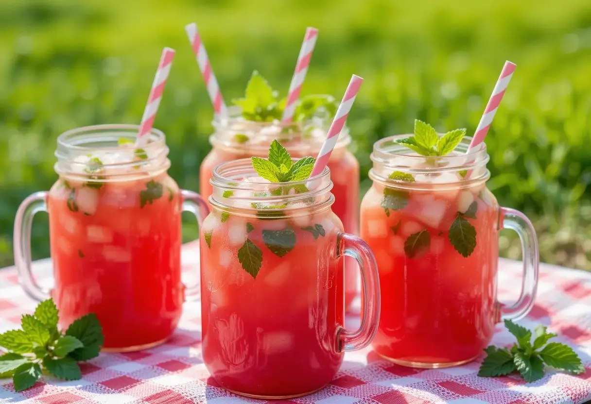 Glasses of watermelon mint Drink with ice and fresh mint leaves on a picnic table in the sun.
