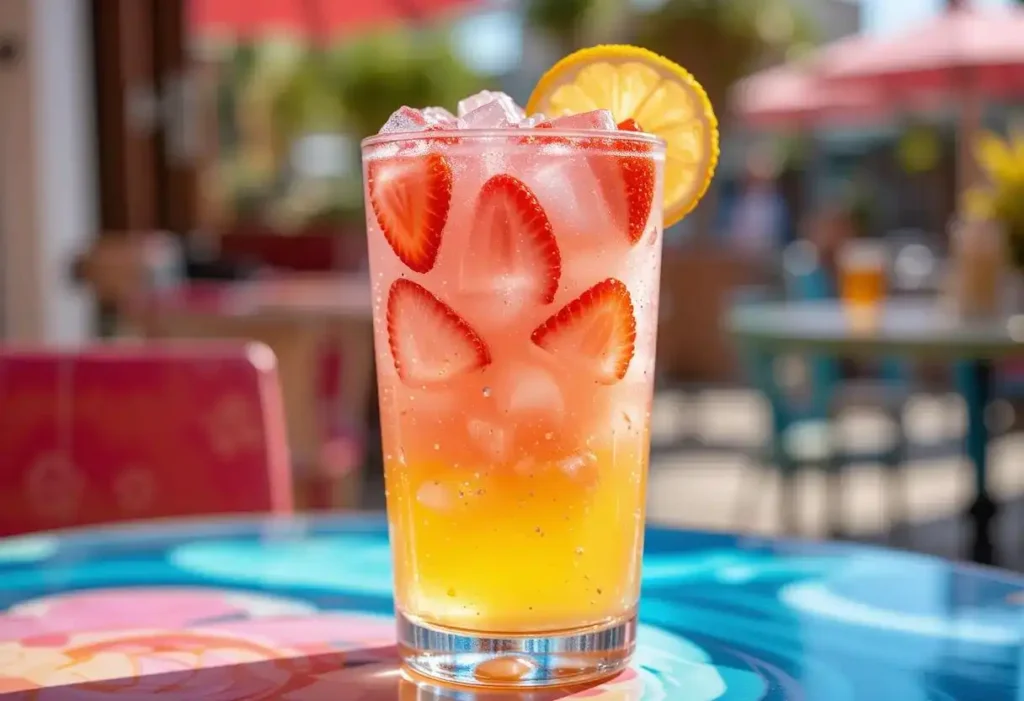 Vibrant strawberry and citrus sparkling Lotus Energy drink , garnished with fresh strawberry slices and a lemon wheel.