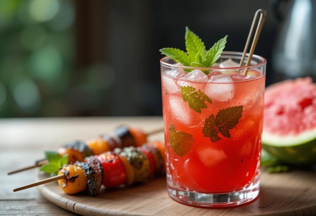 A glass of iced watermelon mint juice garnished with fresh mint leaves, served with roasted vegetable skewers.
