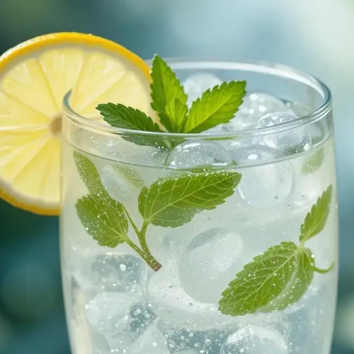 Glass of White Lotus Energy drink with ice cubes, garnished with fresh mint leaves and a lemon slice.