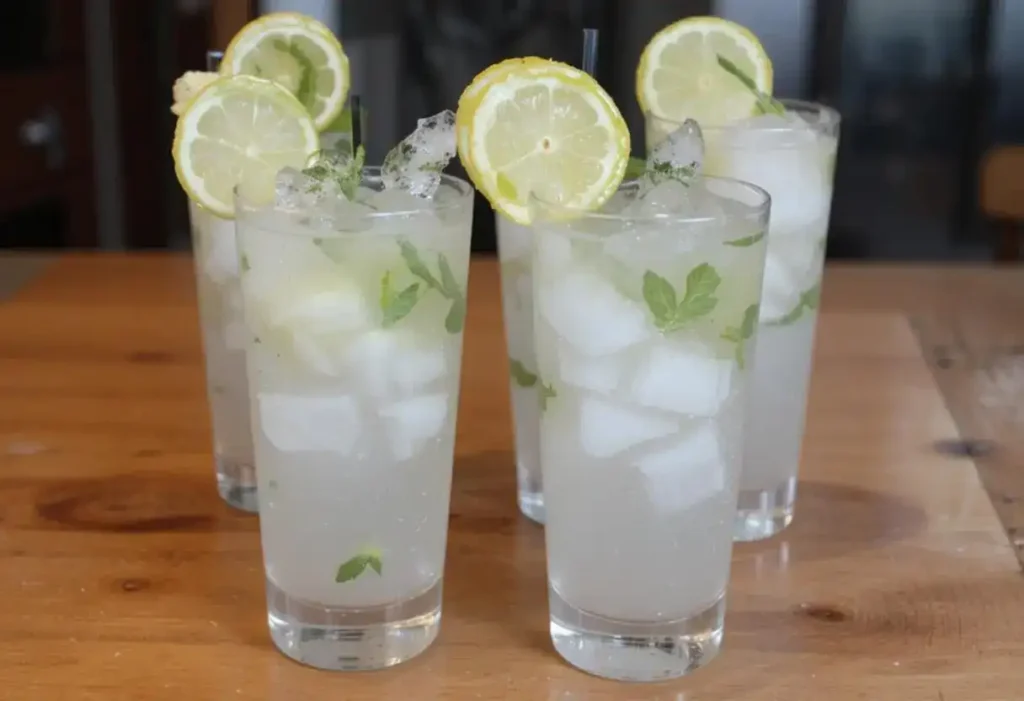 Five tall glasses filled with iced White Lotus drink, garnished with fresh mint leaves and lemon slices,