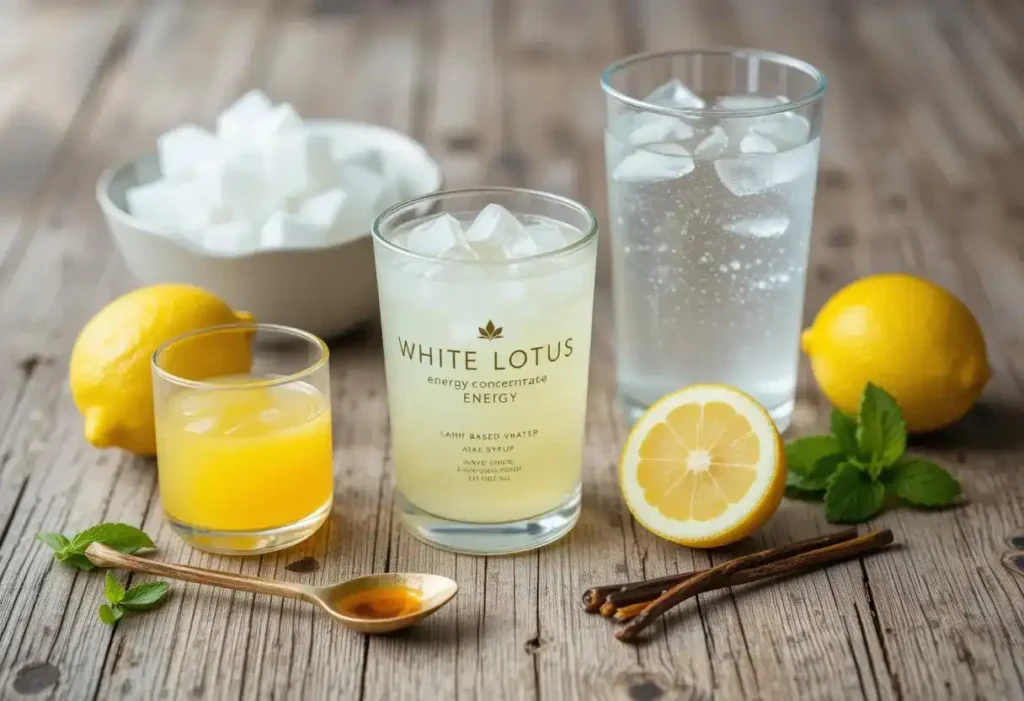 Assorted lemon-based drinks with White Lotus energy concentrate, ice, fresh lemons, sugar cubes, mint leaves, and cinnamon sticks.