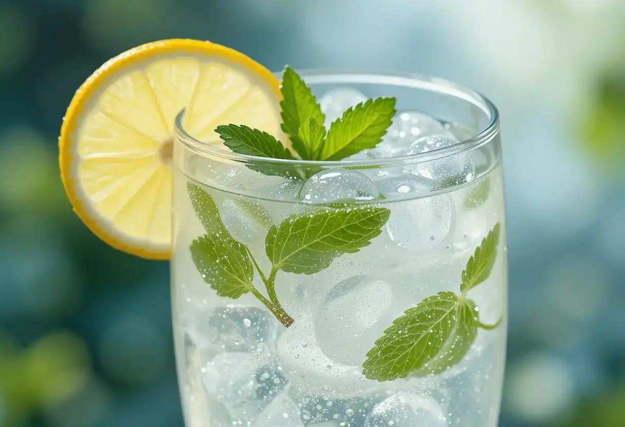 Glass of White Lotus Energy drink with ice cubes, garnished with fresh mint leaves and a lemon slice.