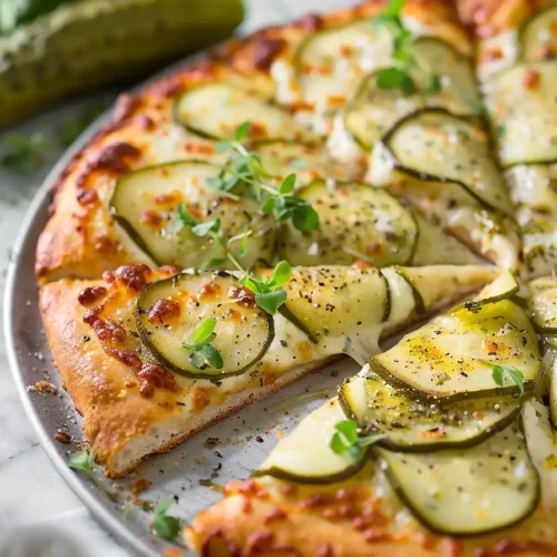 Pickle pizza with creamy garlic‑dill sauce and melted cheese