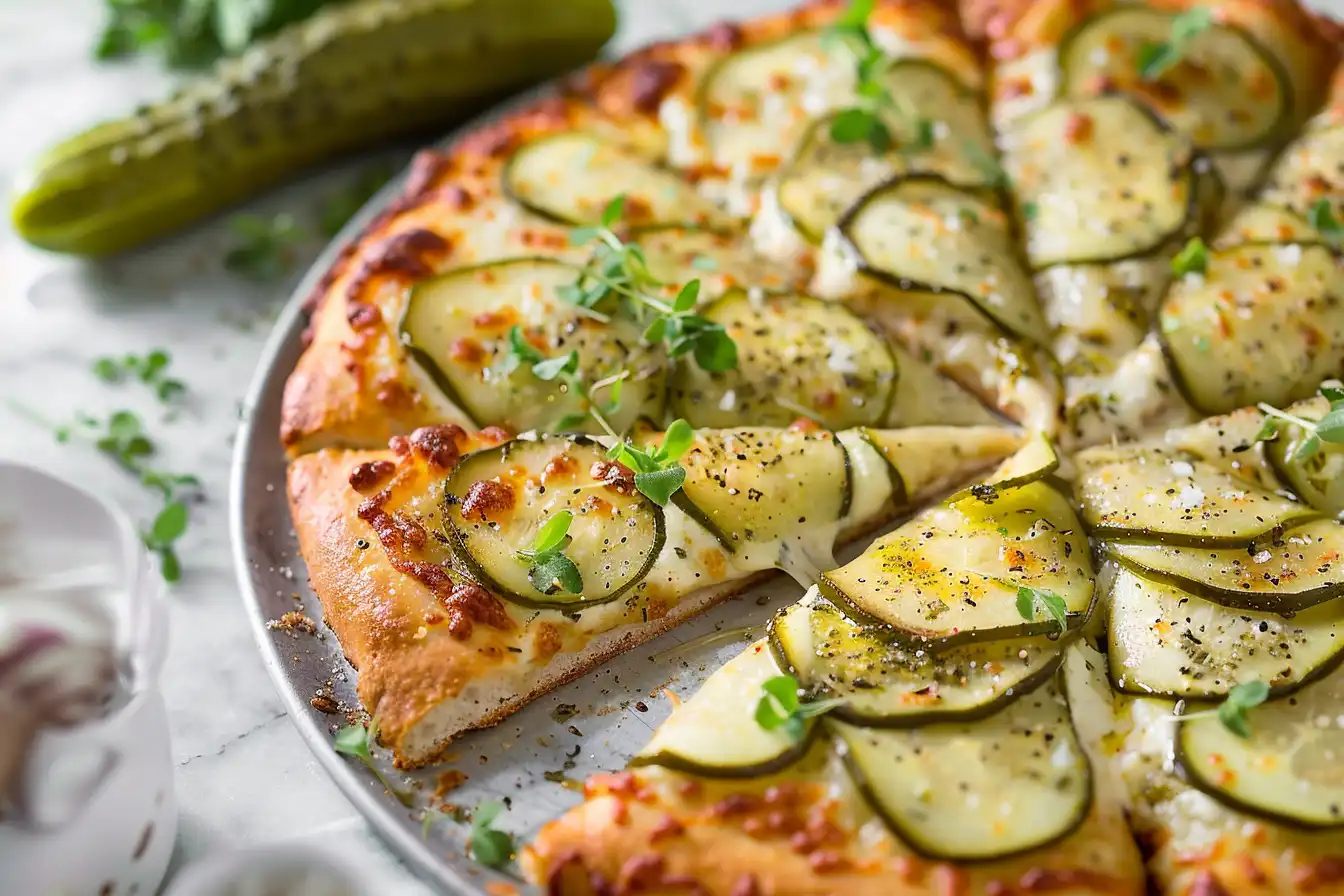 Pickle pizza with creamy garlic‑dill sauce and melted cheese