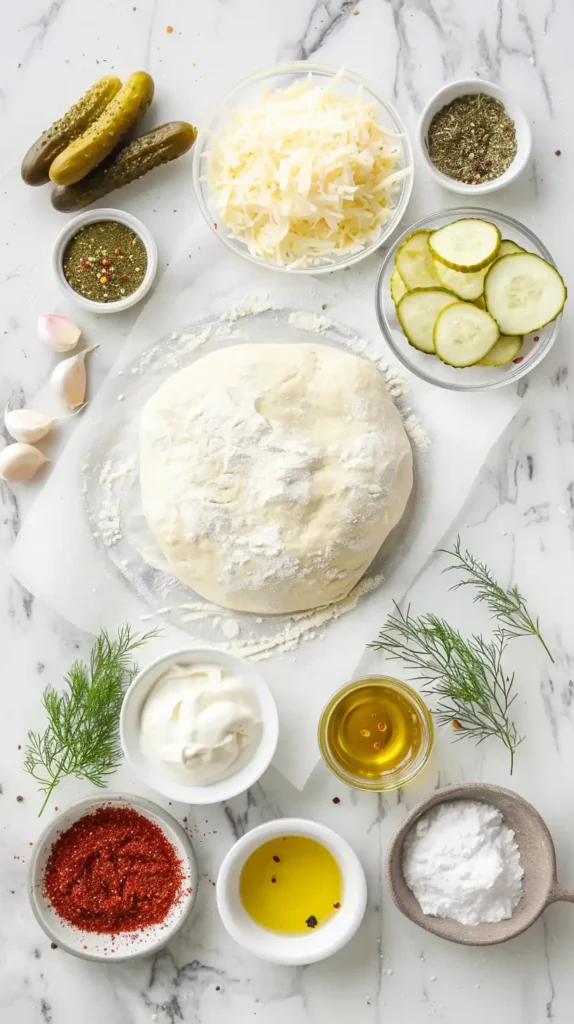 Ingredients for pickle pizza arranged cleanly on marble counter