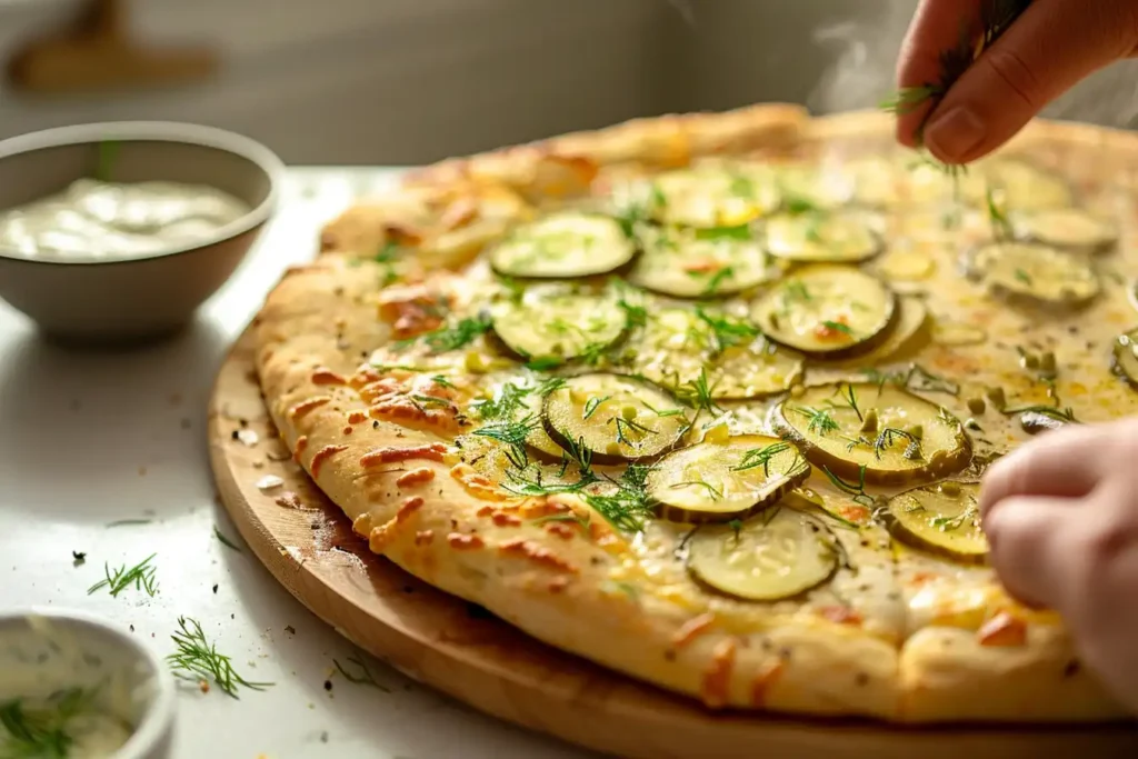 Freshly baked pickle pizza resting and topped with fresh dill