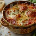 Crustless pizza bowl in a ramekin, bubbling cheese on top, garnished with herbs, rustic wooden table background, warm lighting