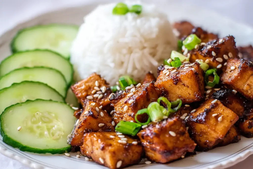Golden air fryer salmon bites garnished with sesame seeds and green onions, served with jasmine rice and fresh cucumber slices.