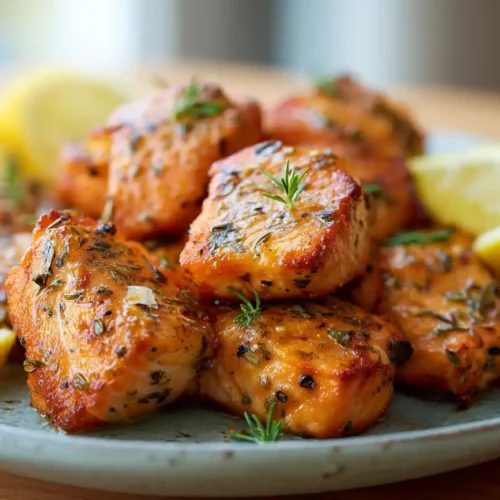 Crispy air fryer salmon bites served on a plate with lemon wedges and fresh herbs