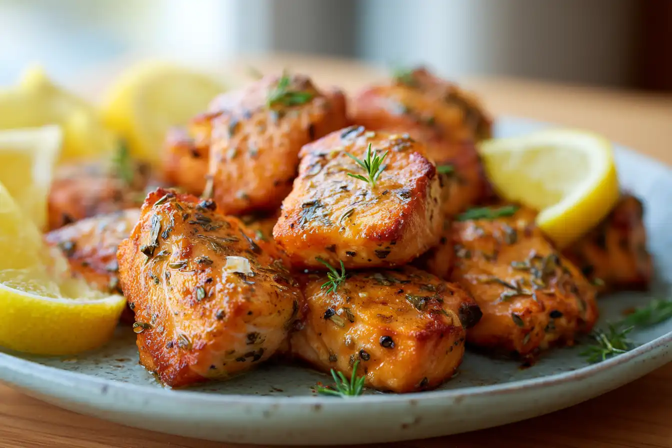 Crispy air fryer salmon bites served on a plate with lemon wedges and fresh herbs