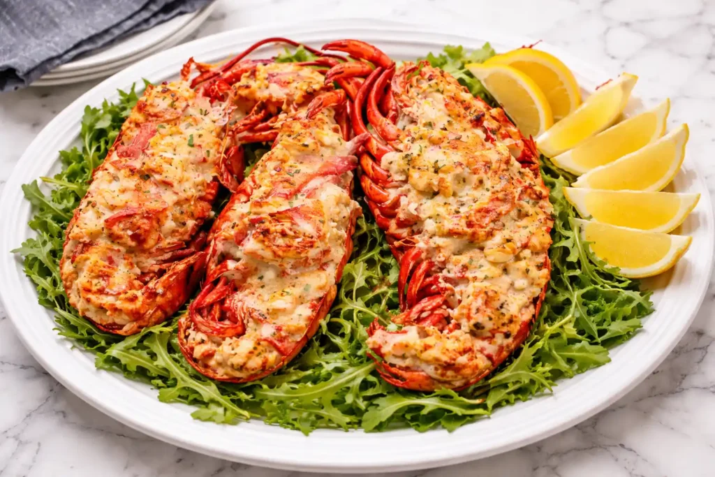Lobster Thermidor served on a white platter with creamy golden topping, placed over fresh green salad and lemon wedges on the side.