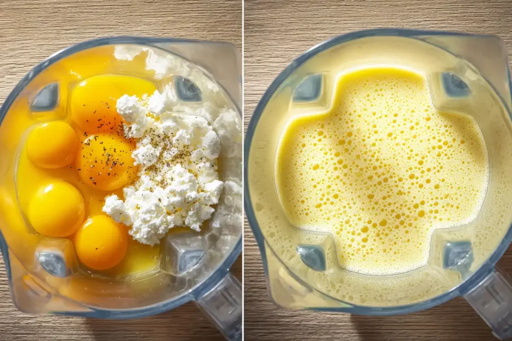 Cottage cheese egg bites mixture in blender before and after blending with eggs, cottage cheese, salt and pepper.