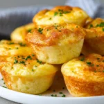 Fluffy cottage cheese egg bites stacked on a plate with chives, easy high-protein breakfast for meal prep.