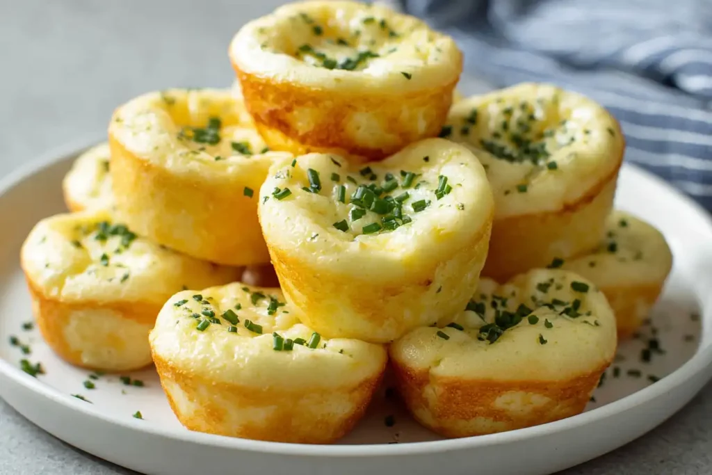 Cottage cheese egg bites stacked on a white plate, golden and fluffy, topped with chopped chives for meal prep breakfast.