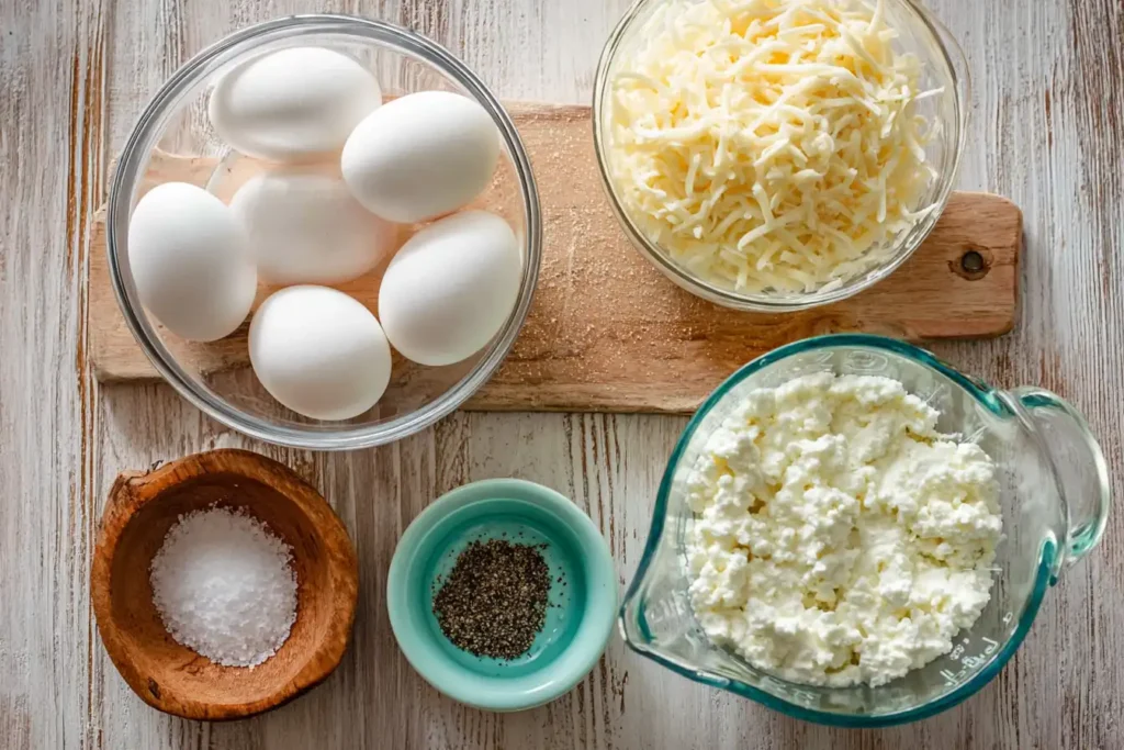 Ingredients for cottage cheese egg bites: eggs, cottage cheese, shredded cheese, salt and pepper on a rustic board.