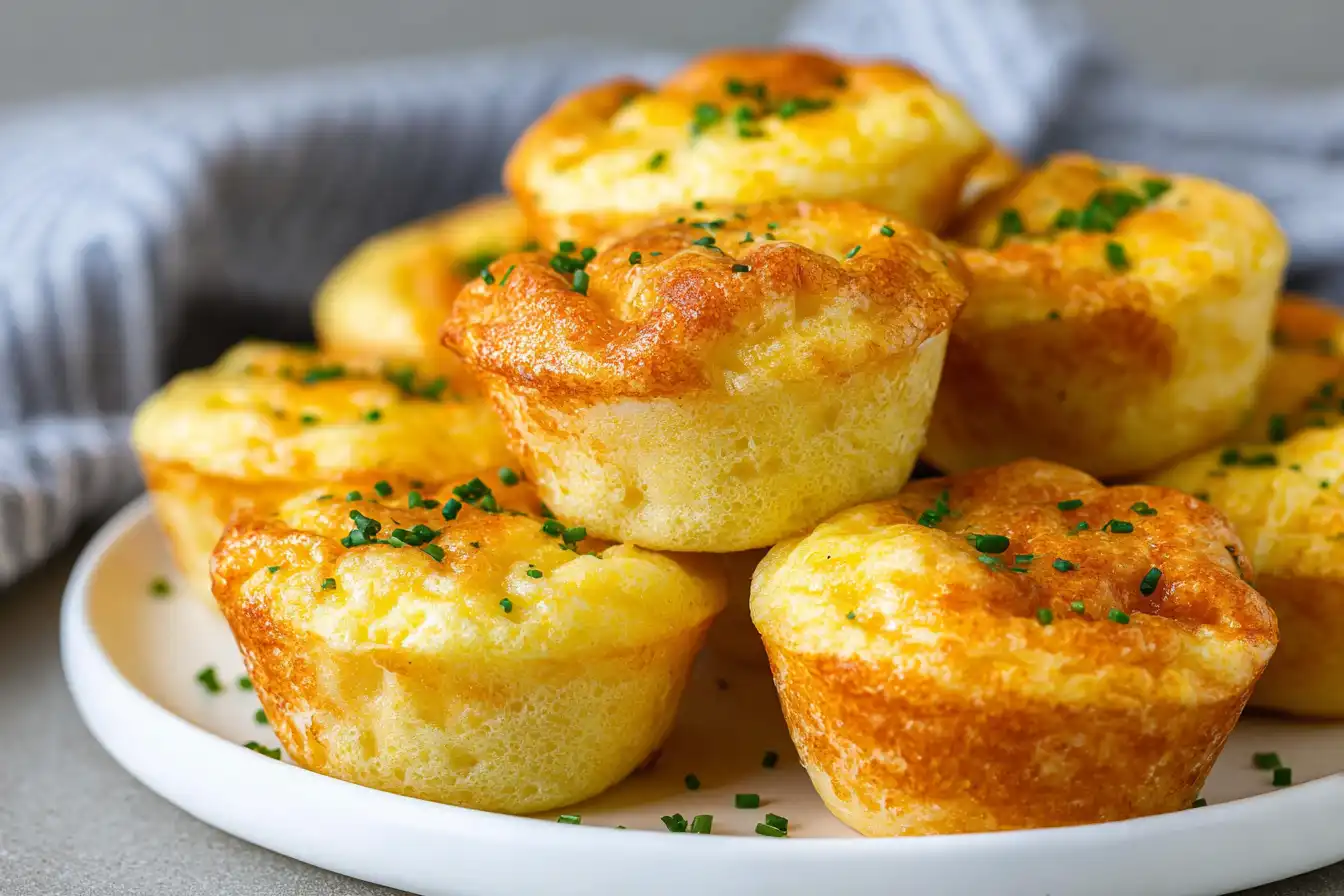 Fluffy cottage cheese egg bites stacked on a plate with chives, easy high-protein breakfast for meal prep.