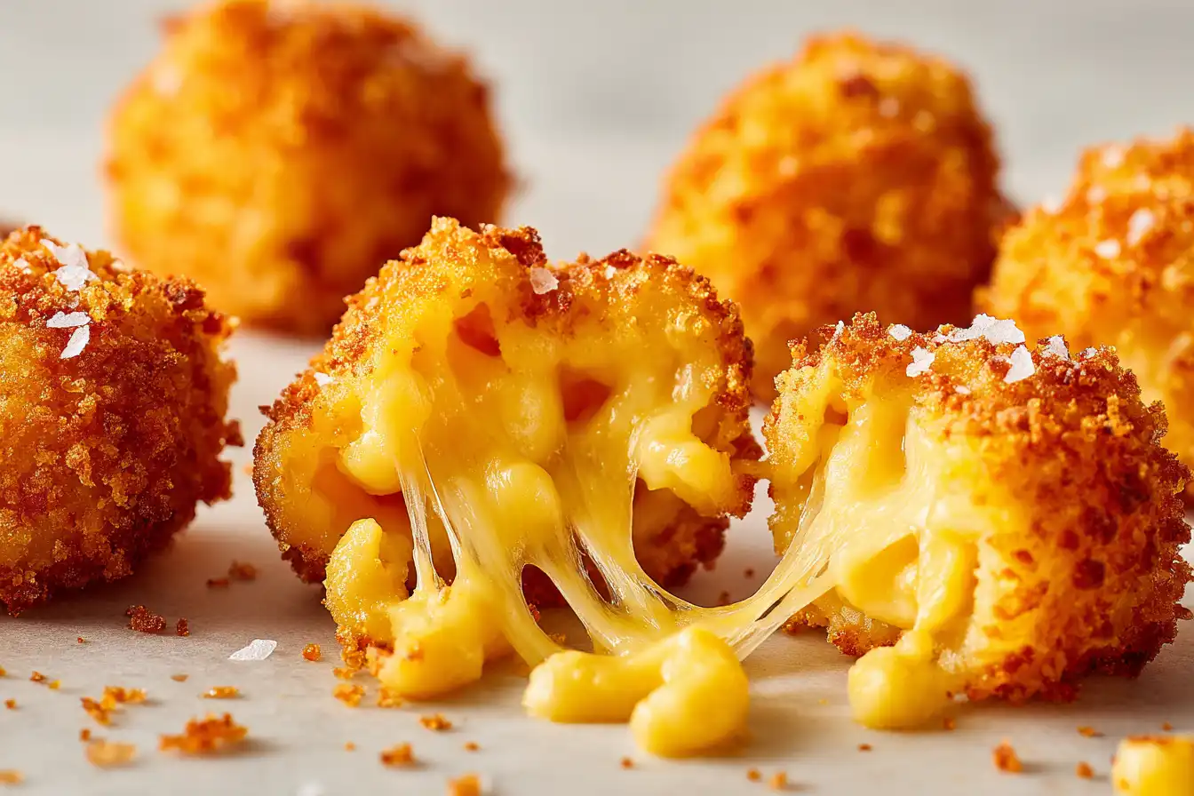 Crispy mac and cheese bites with melted cheese center and golden breadcrumb coating