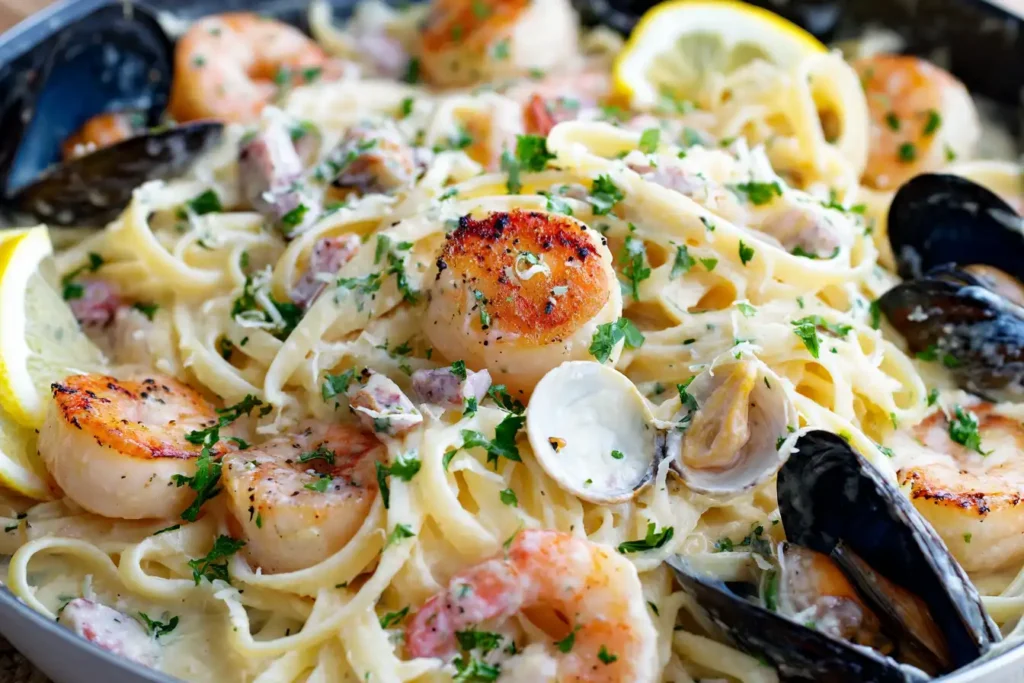 Seafood pasta with seared shrimp, scallops, and mussels in a creamy garlic sauce, garnished with fresh parsley and a wedge of lemon.