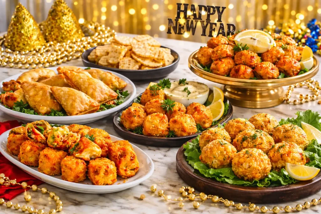 Festive New Year’s Eve appetizers platter with empanadas, mac and cheese bites, salmon bites, and crab balls