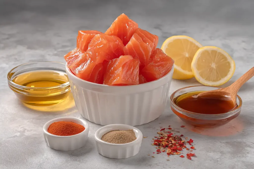 Fresh salmon cubes arranged with olive oil, soy sauce, honey, spices, and lemon on a stone countertop
