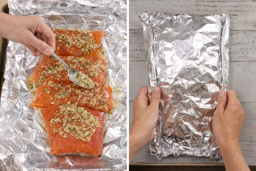 Two-step preparation of grilled salmon in foil showing seasoning salmon and sealing the foil packet