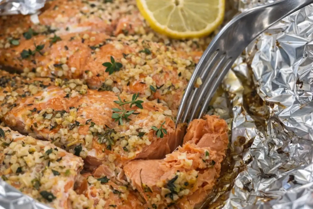 Grilled salmon in foil with garlic, herbs, and lemon, flaky and juicy.