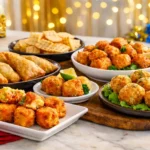 New Year’s Eve Appetizers platter with empanadas, mac and cheese bites, salmon bites, and crab balls.