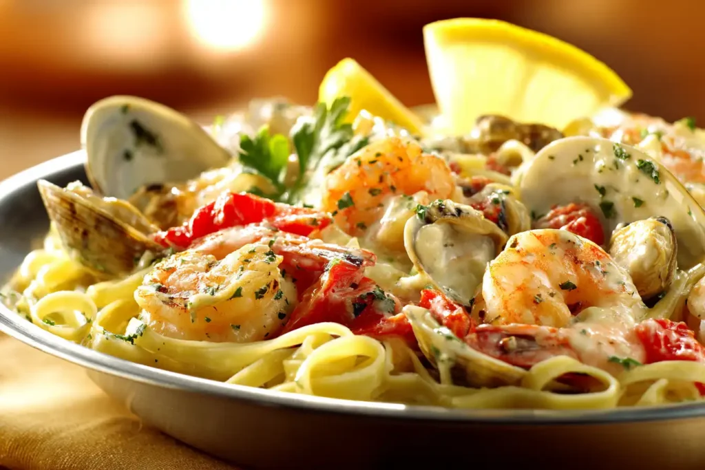Seafood pasta with shrimp, clams, and a creamy sauce, garnished with parsley and lemon wedges. The pasta is beautifully plated with vibrant colors and a warm, inviting atmosphere.