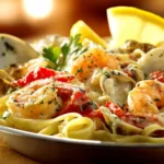 Seafood pasta with shrimp, clams, and a creamy sauce, garnished with parsley and lemon wedges. The pasta is beautifully plated with vibrant colors and a warm, inviting atmosphere.