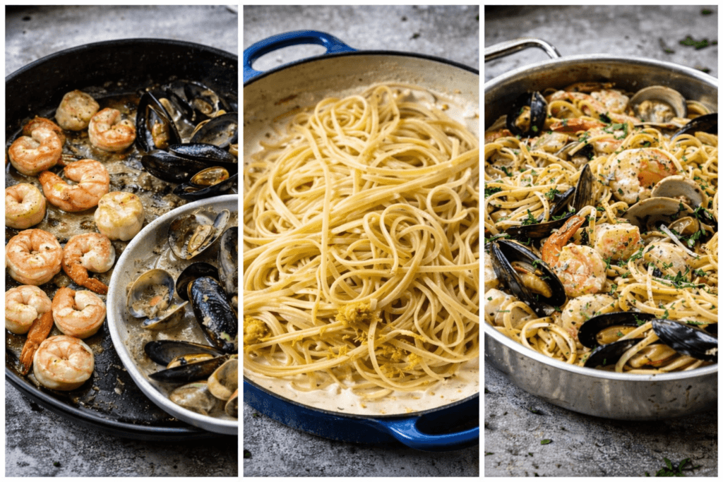 Step-by-step process of making seafood pasta: seared shrimp and scallops with mussels and clams in the first panel, linguine coated in creamy garlic sauce in the second, and the completed seafood pasta dish with fresh parsley and lemon wedges in the third.