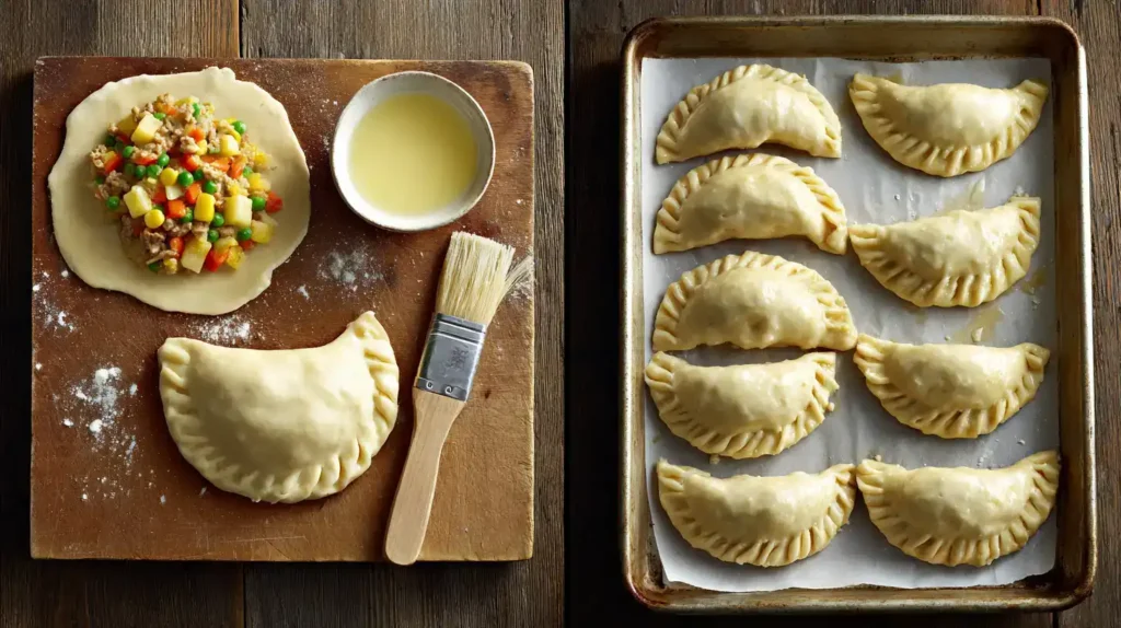 beef empanadas being filled and sealed, then arranged on a baking sheet ready to bake.