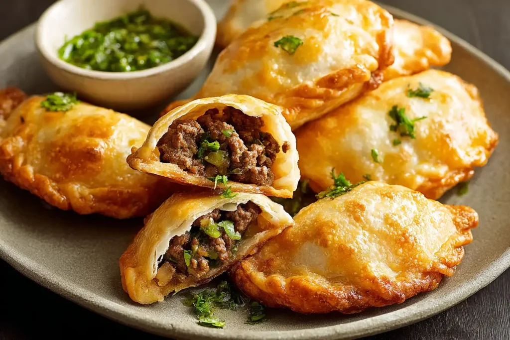 Golden beef empanadas with a cut-open center and chimichurri dip