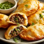 Golden beef empanadas with a cut-open center and chimichurri dip
