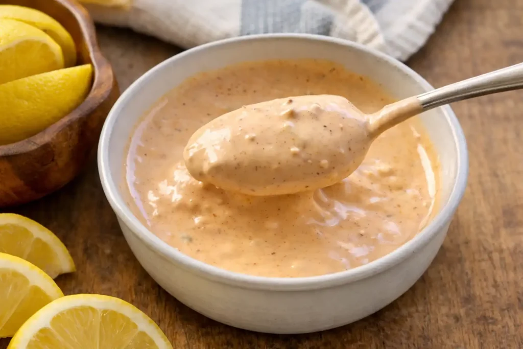 Creamy crab cake sauce in a white bowl with a spoon, showing smooth texture and served with fresh lemon wedges