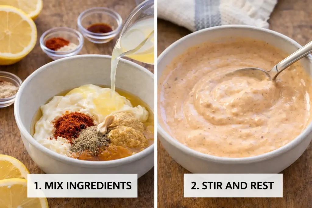 Two step image showing how to make crab cake sauce, mixing ingredients in a bowl and stirring until smooth and creamy.