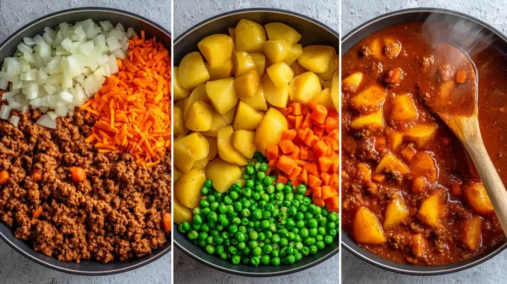 Step-by-step filling for beef empanadas ground beef, onions, carrots, peas, and potatoes cooking down