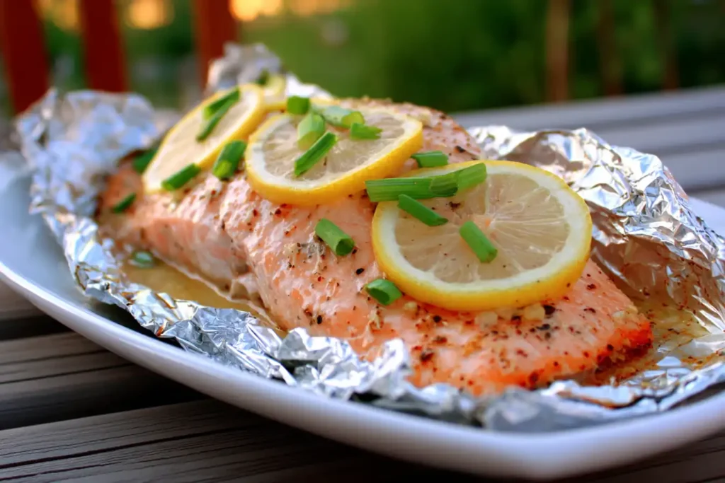 Grilled salmon in foil topped with lemon slices and green onions, cooked until tender and juicy