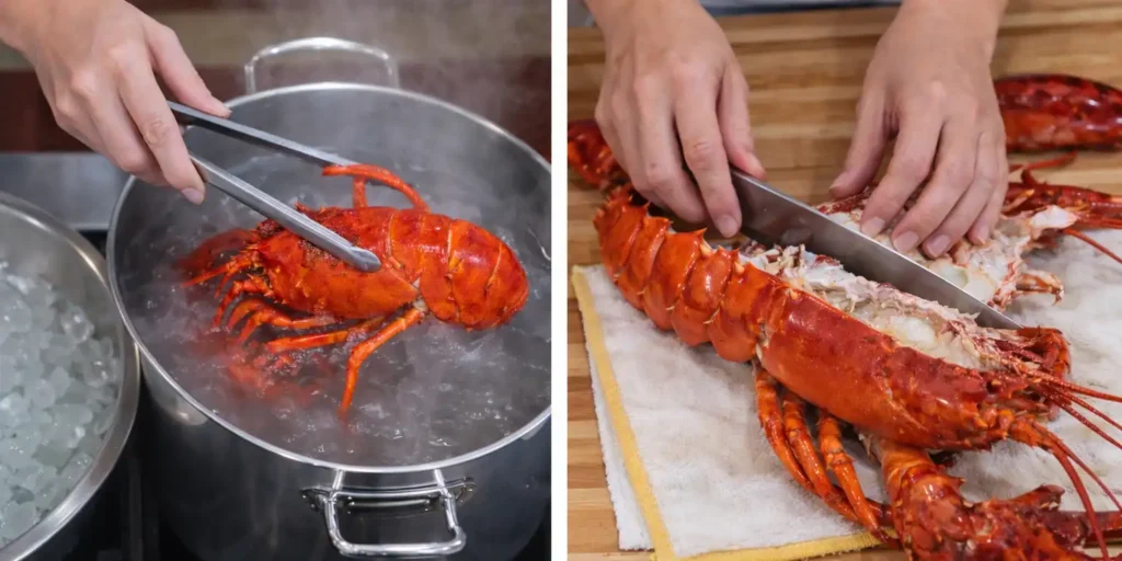 Cooking Lobster Thermidor : first  panel shows lobster being lifted from boiling pot with steam rising, second panel shows cleanly splitting the cooked lobster on a wooden board.