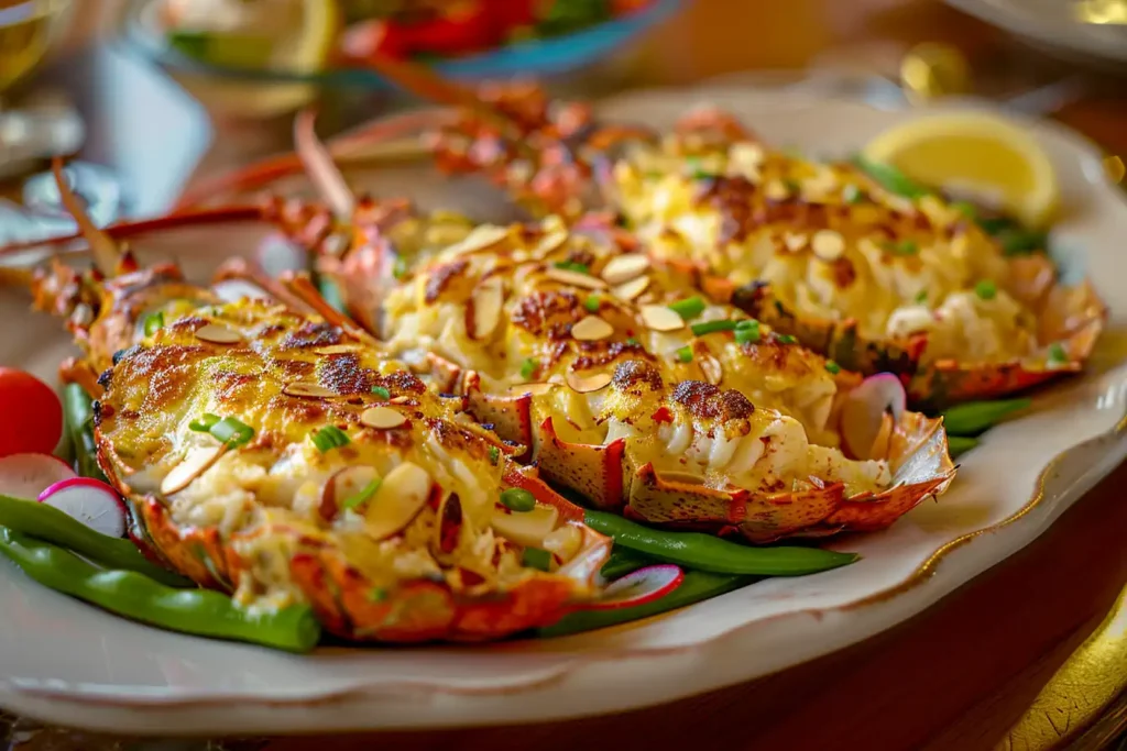 Golden-baked Lobster Thermidor served on a platter with creamy topping, sliced almonds, fresh vegetables, and lemon wedges.