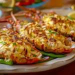 Golden-baked Lobster Thermidor served on a platter with creamy topping, sliced almonds, fresh vegetables, and lemon wedges.