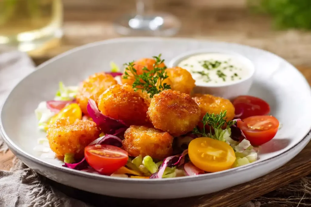 Plate of crispy mac and cheese bites on a fresh salad with cherry tomatoes and dipping sauce