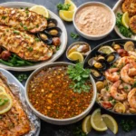 Seafood recipes guide featuring lobster thermidor, grilled salmon in foil, seafood pasta, crab cakes, and sauces