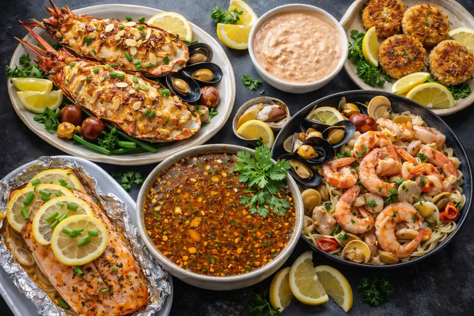 Seafood recipes guide featuring lobster thermidor, grilled salmon in foil, seafood pasta, crab cakes, and sauces